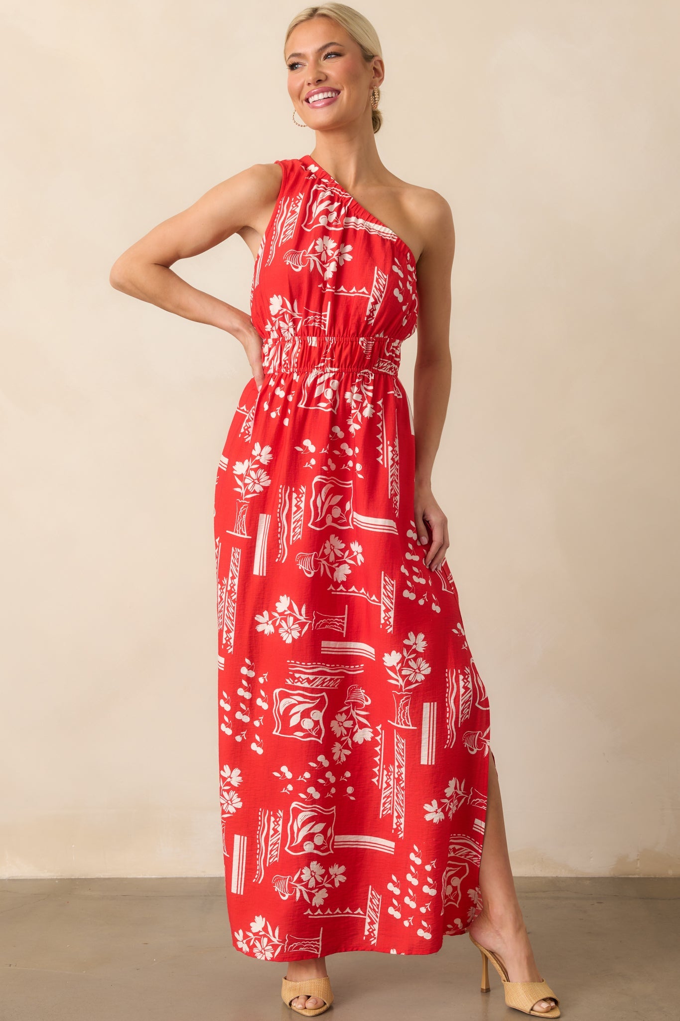 Anything Goes Red One Shoulder Geometric Floral Print Maxi Dress
