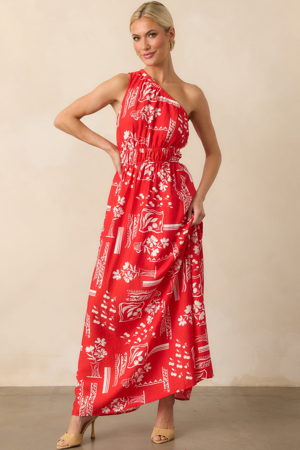 Anything Goes Red One Shoulder Geometric Floral Print Maxi Dress
