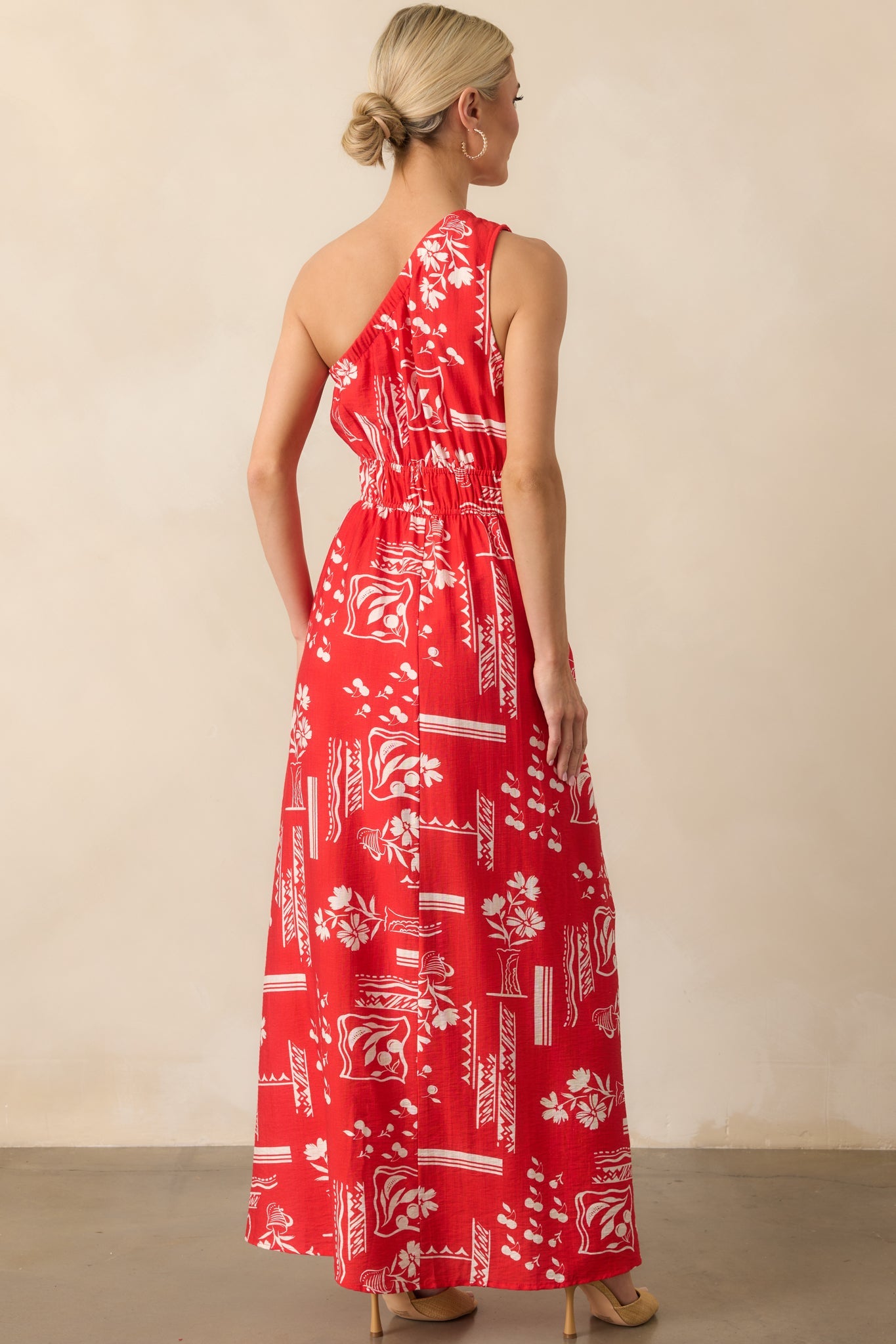 Anything Goes Red One Shoulder Geometric Floral Print Maxi Dress