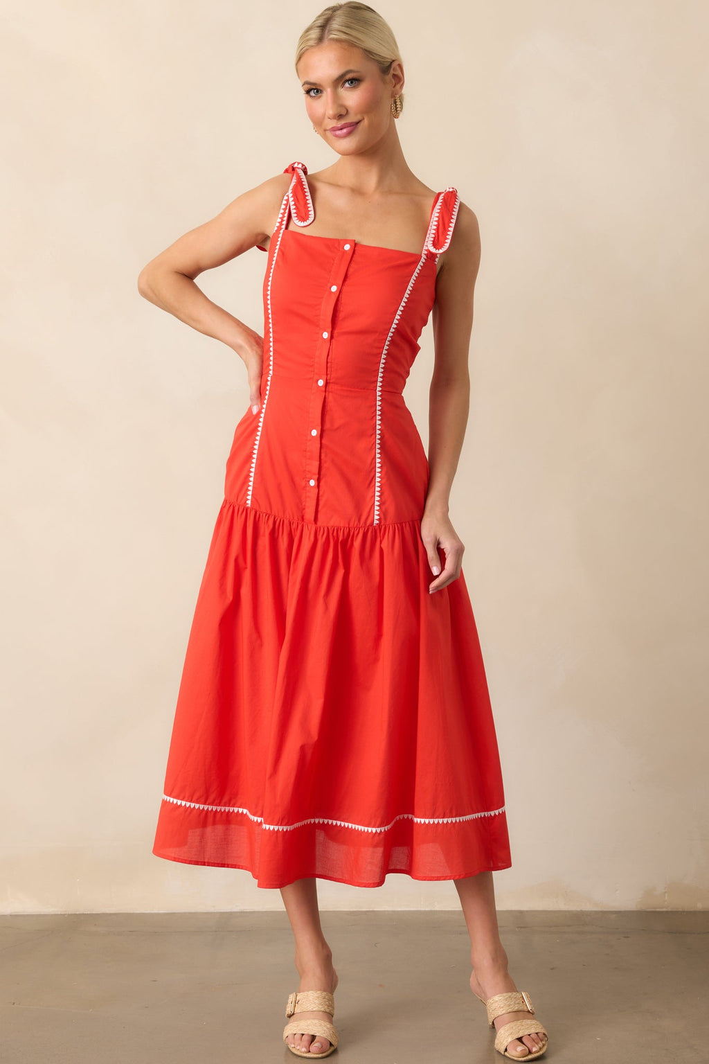 Everything She Is Tomato Red Cotton Drop Waist Midi Dress
