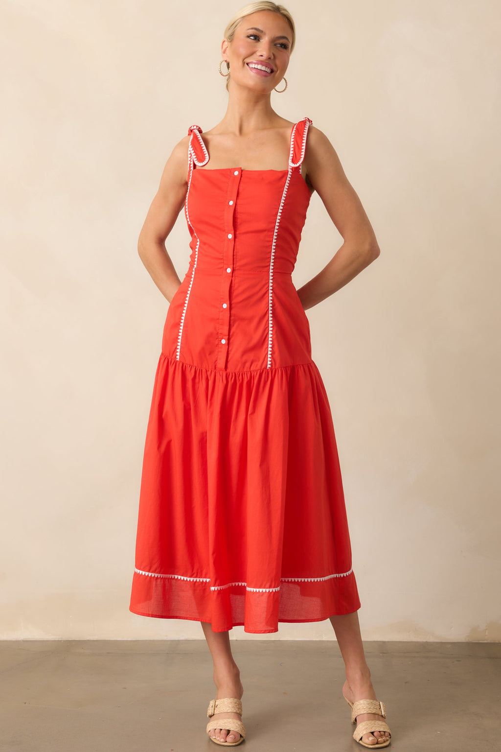 Everything She Is Tomato Red Cotton Drop Waist Midi Dress