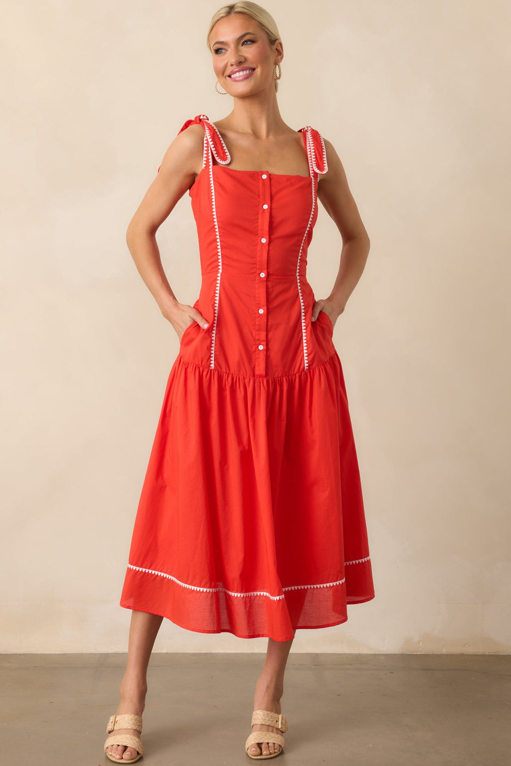 Everything She Is Tomato Red Cotton Drop Waist Midi Dress