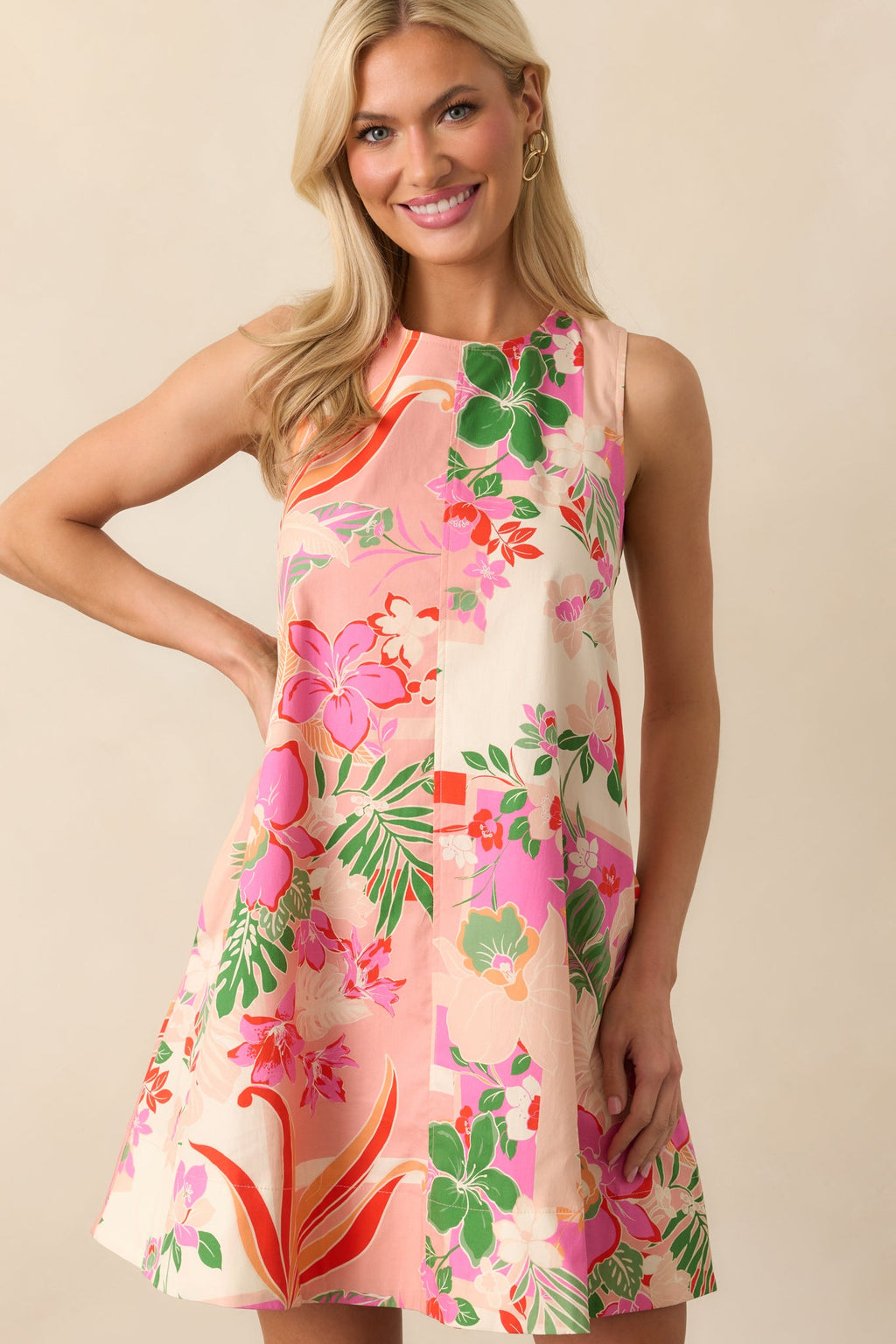 Glow From Within Pink Tropical Floral Cotton Mini Shift Dress