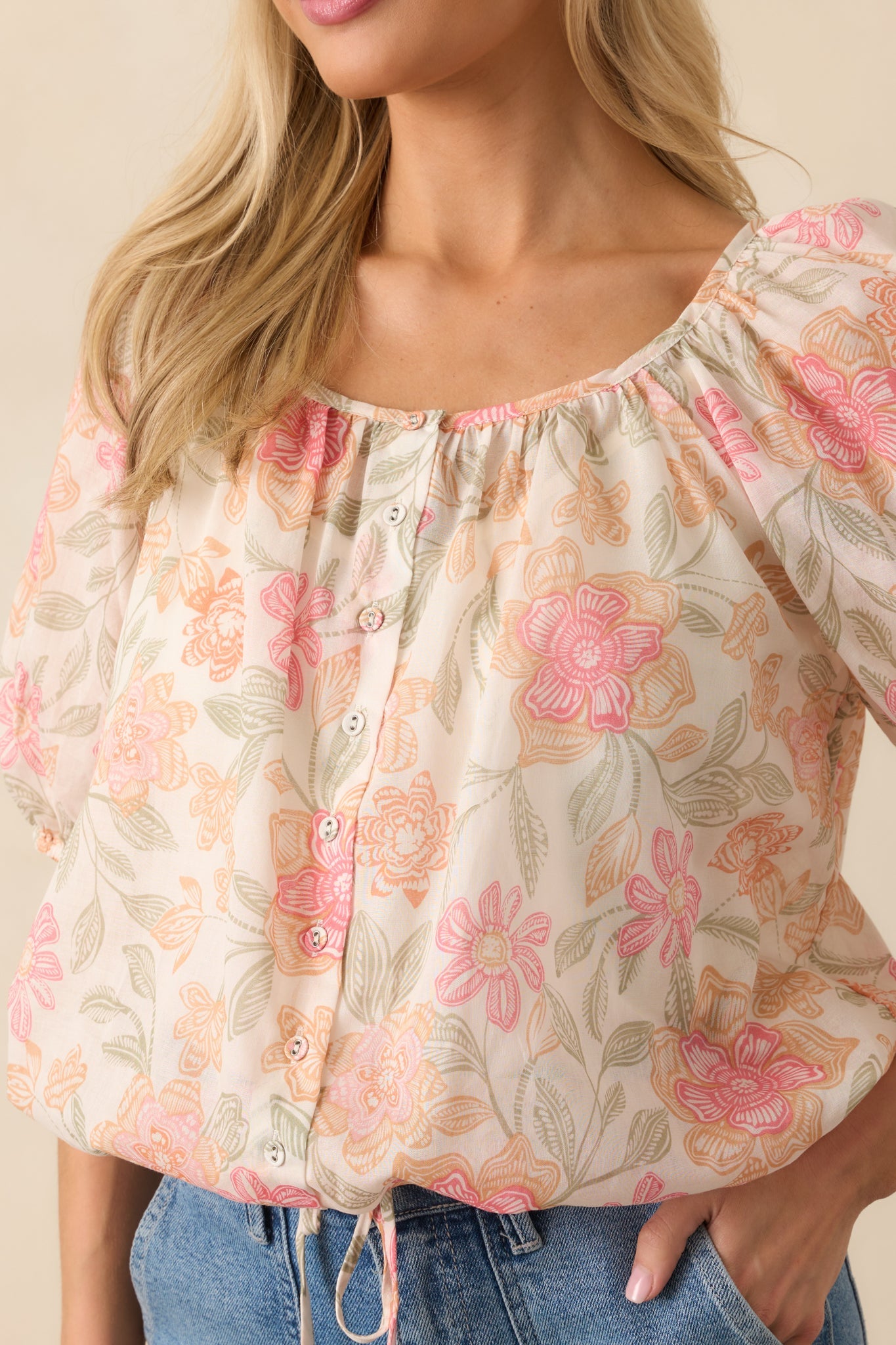 All Good Signs Pink Floral Print Cotton Button Front Top