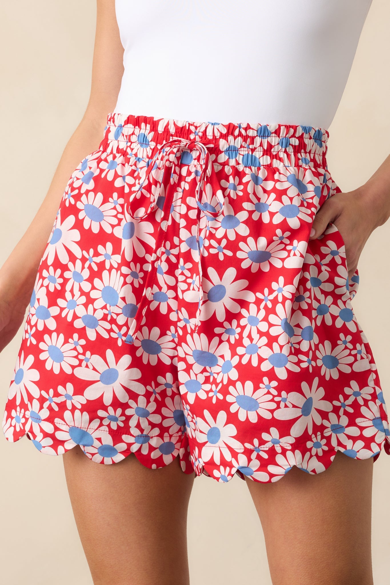 This Is All I Want Red Floral Cotton Scallop Hem Shorts