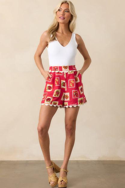 Change Of Perspective Red Patchwork Print Linen Blend Shorts
