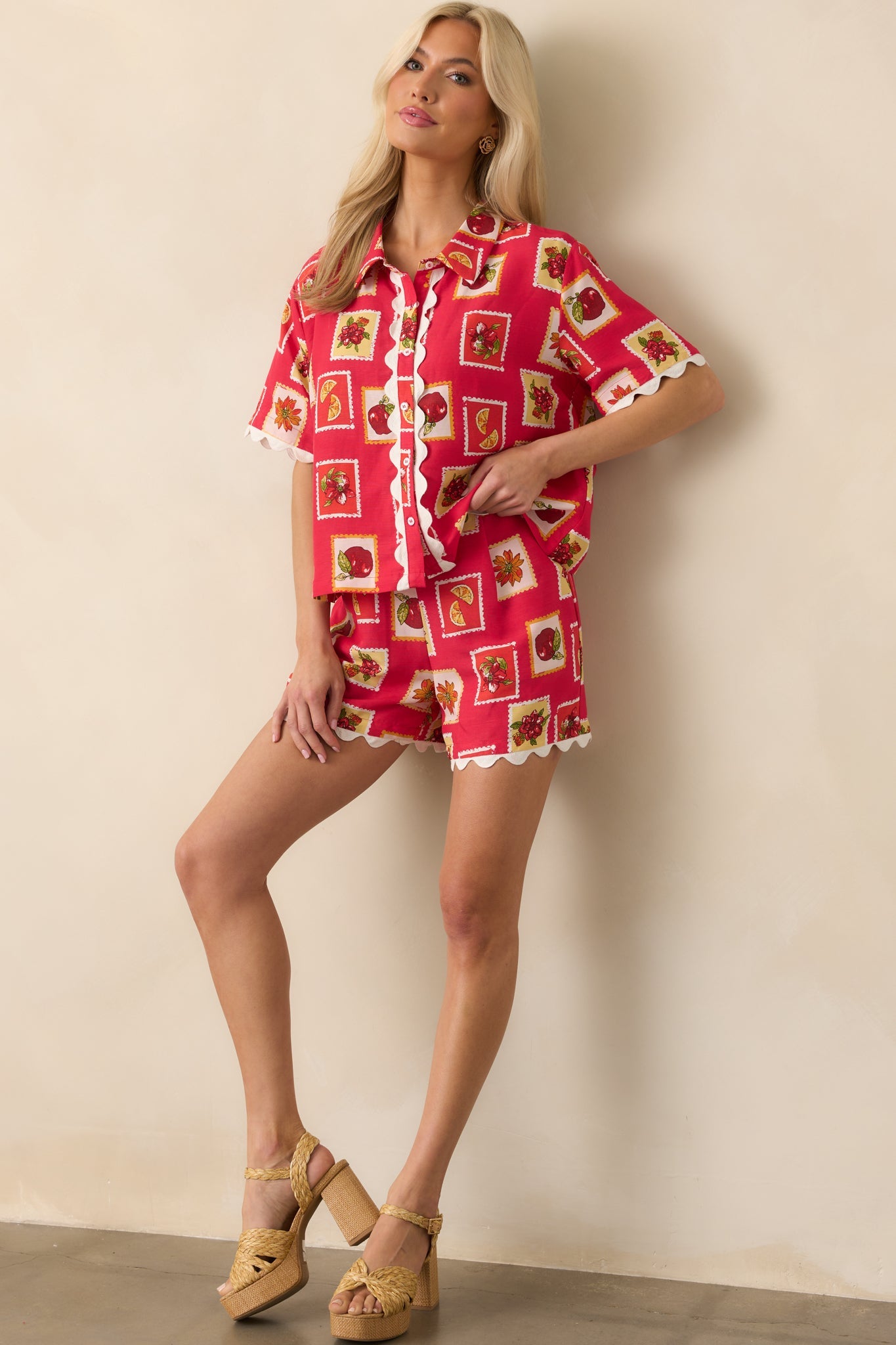 Change Of Perspective Red Patchwork Print Linen Blend Shorts