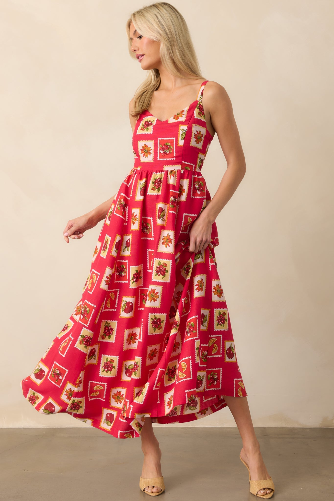 Class Of Her Own Red Patchwork Print Linen Blend Maxi Dress