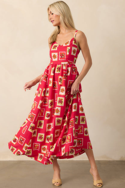 Class Of Her Own Red Patchwork Print Linen Blend Maxi Dress