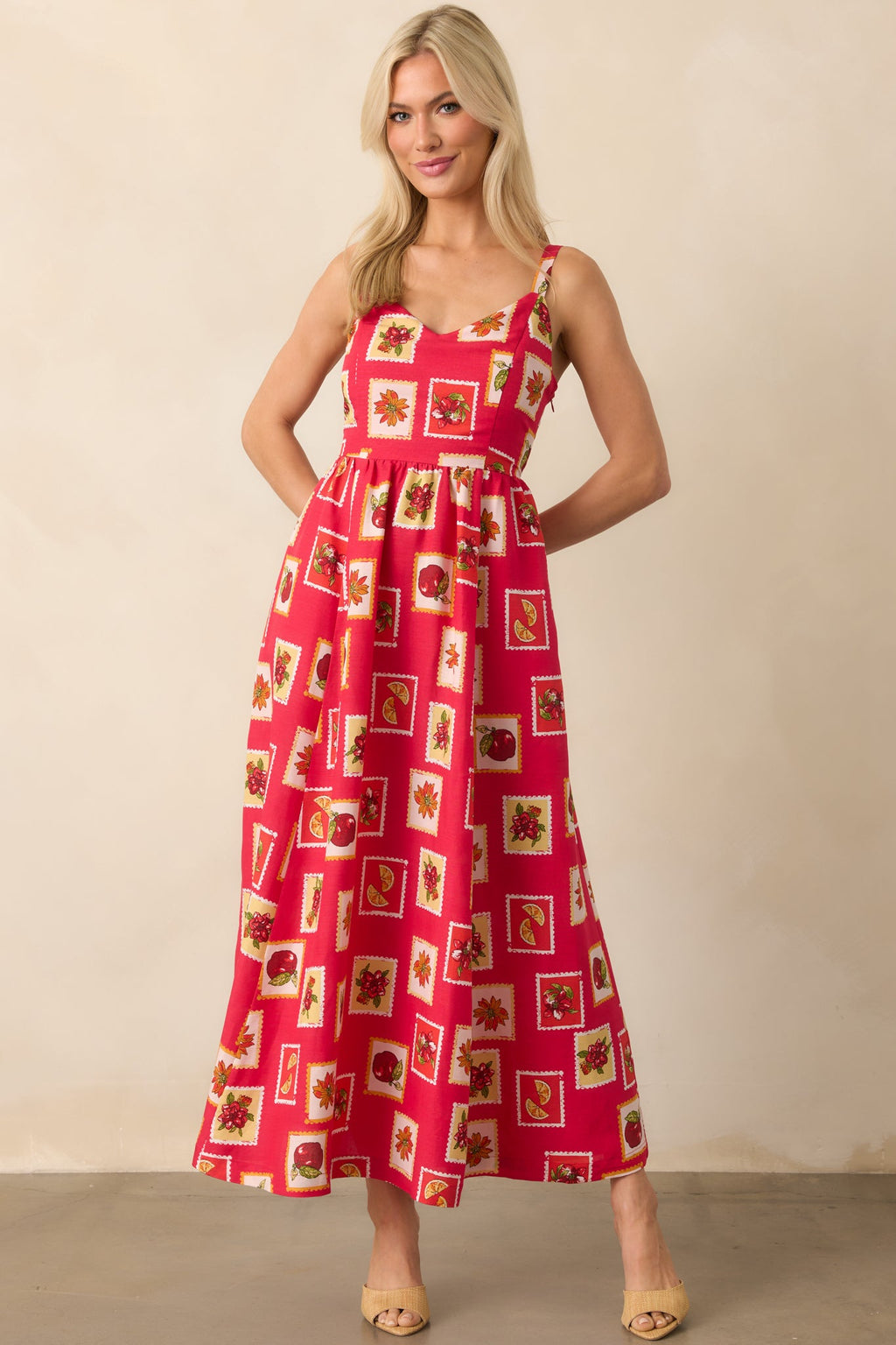 Class Of Her Own Red Patchwork Print Linen Blend Maxi Dress