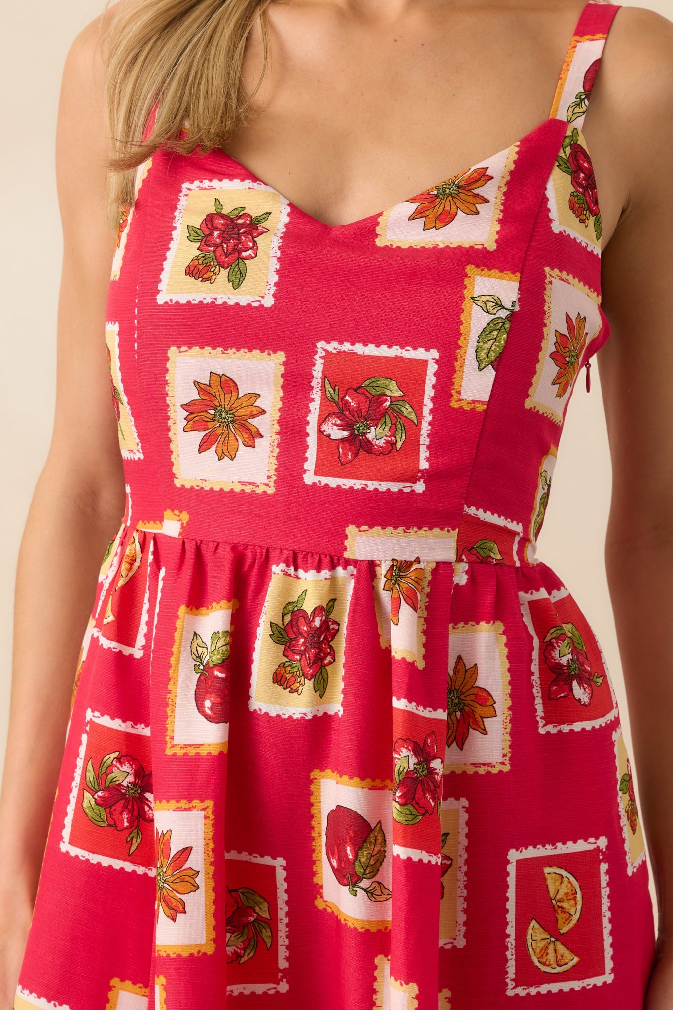 Class Of Her Own Red Patchwork Print Linen Blend Maxi Dress