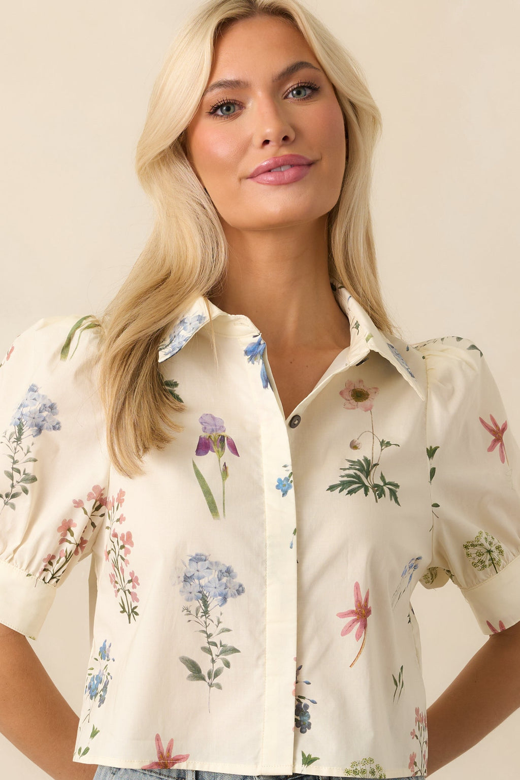 Found My Peace Ivory Floral Print Cotton Button Front Top