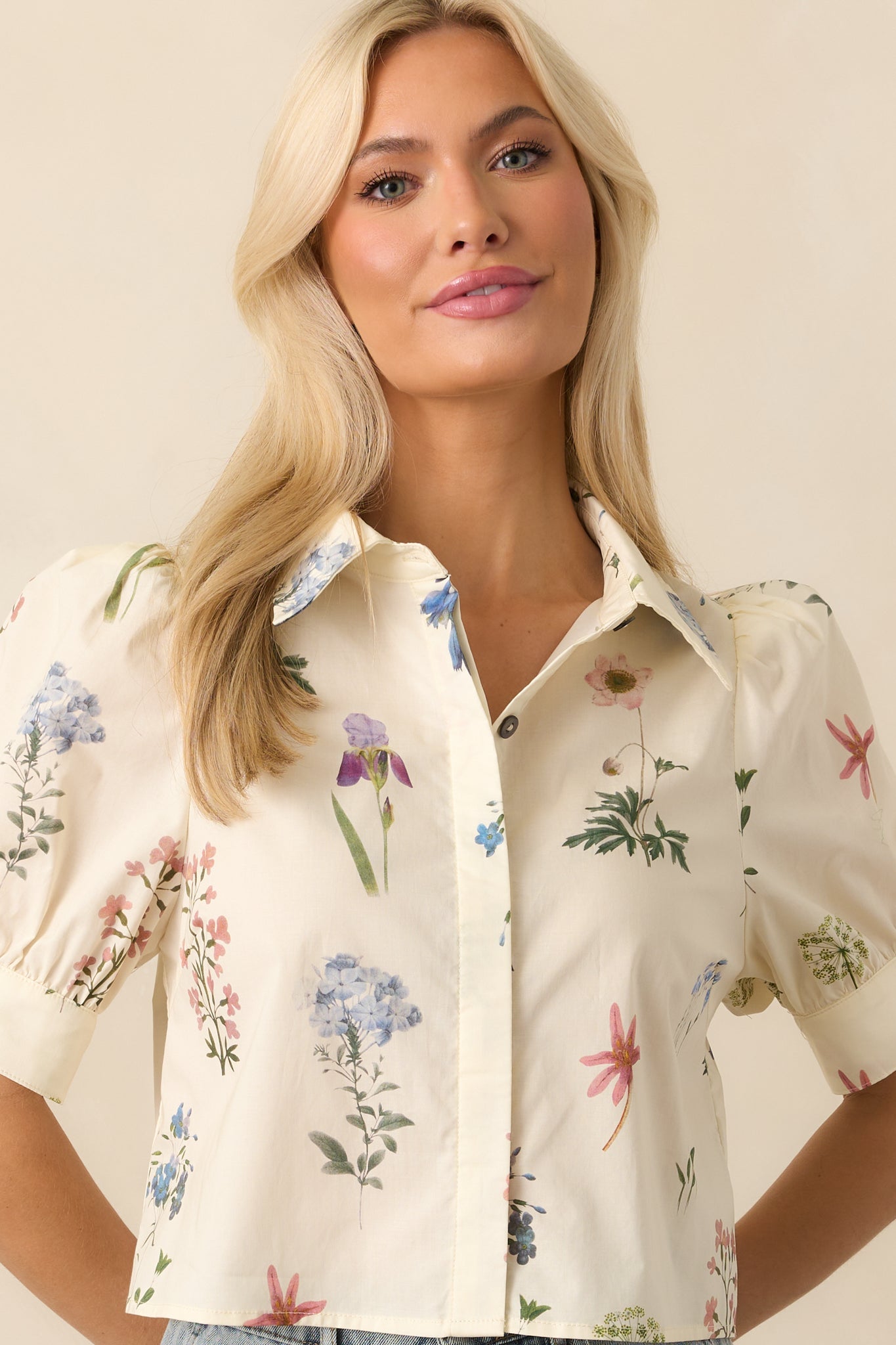 Found My Peace Ivory Floral Print Cotton Button Front Top