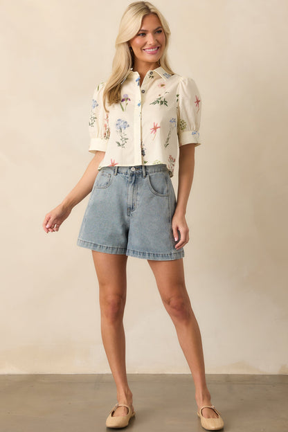 Found My Peace Ivory Floral Print Cotton Button Front Top