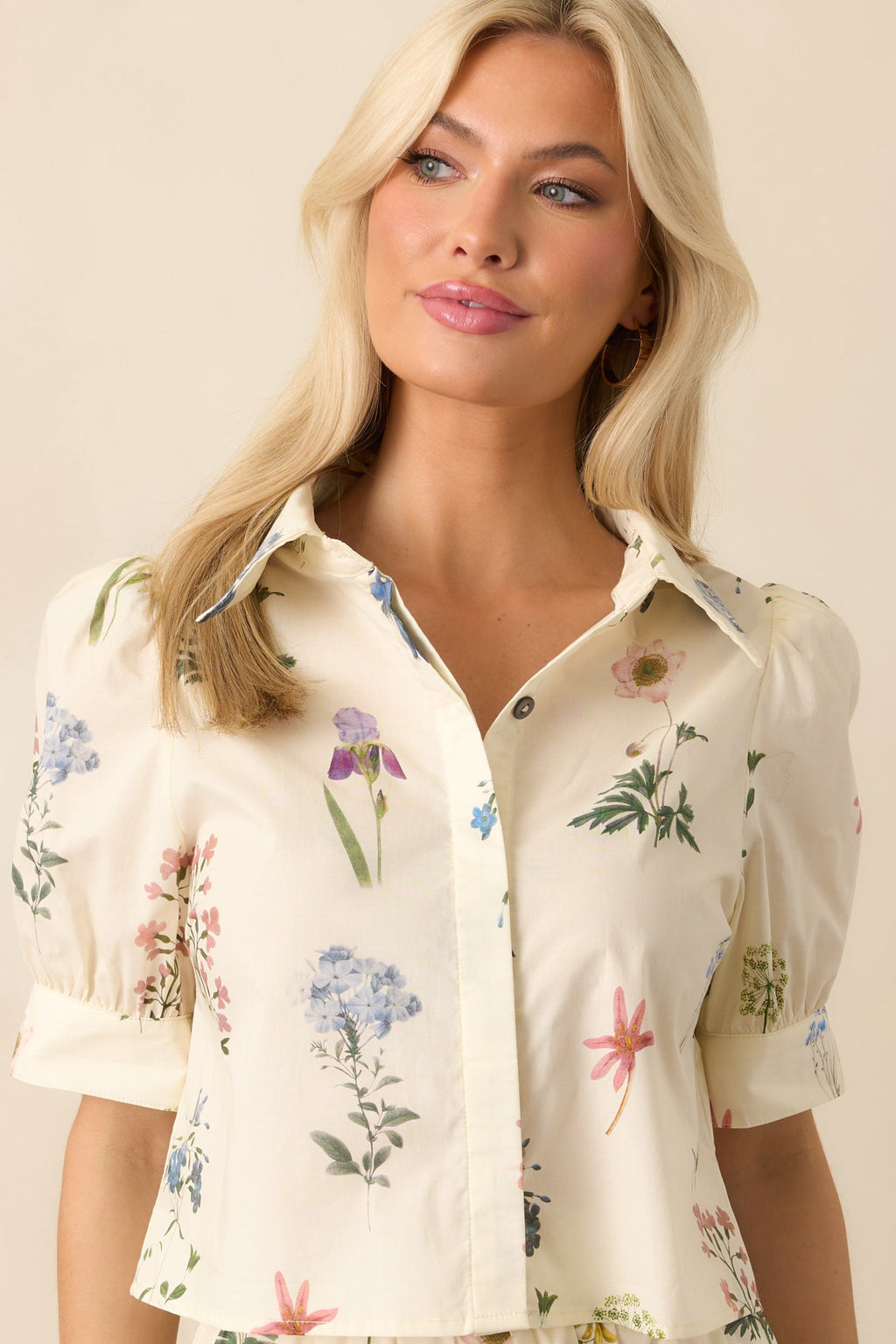Found My Peace Ivory Floral Print Cotton Button Front Top