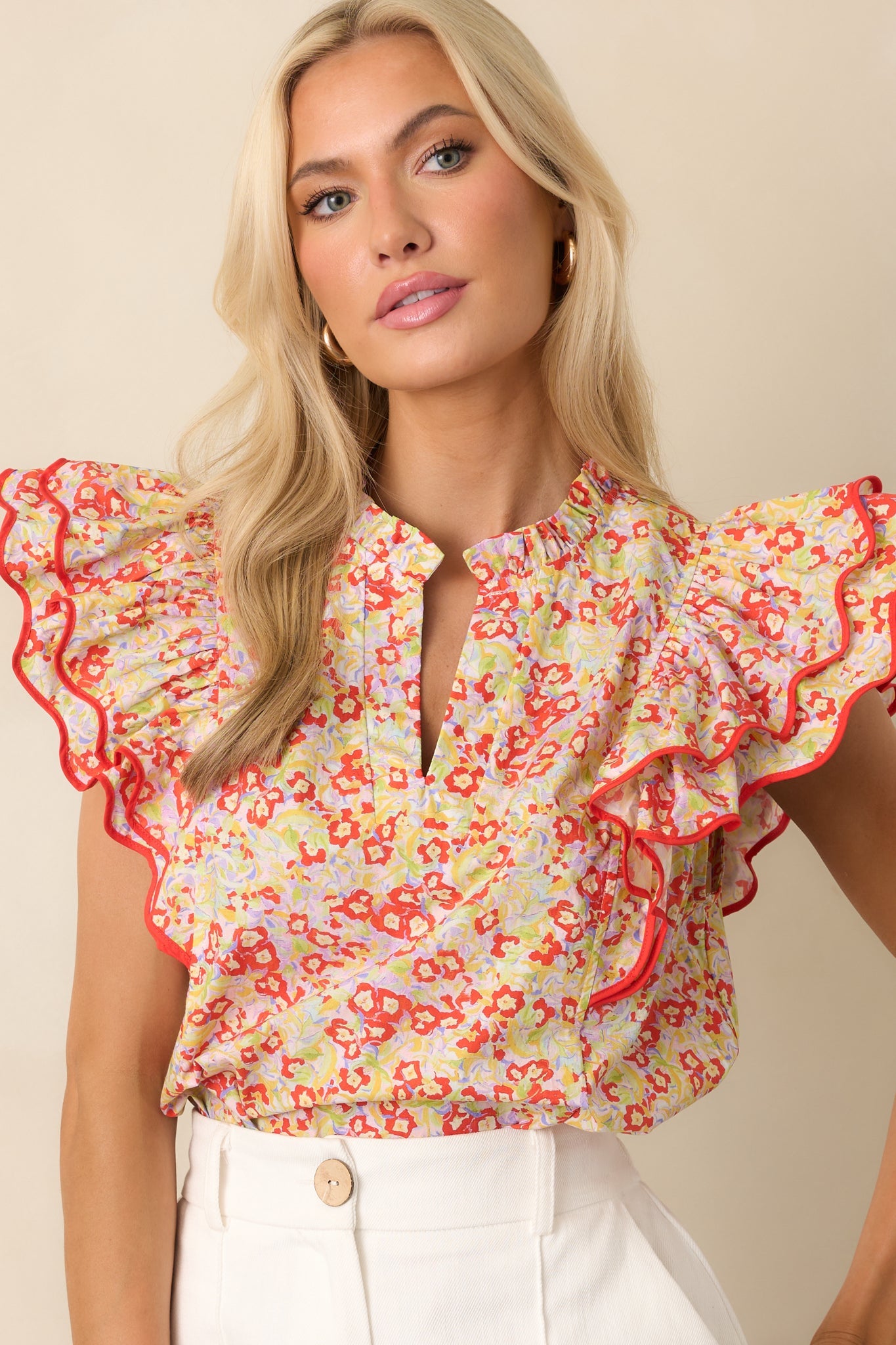 Light Finds A Way Red Floral Cotton Flutter Sleeve Top