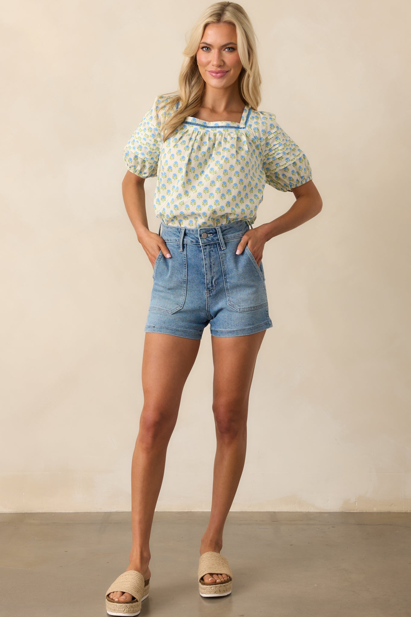A Classic Touch Light Wash Cotton High Waisted Denim Shorts