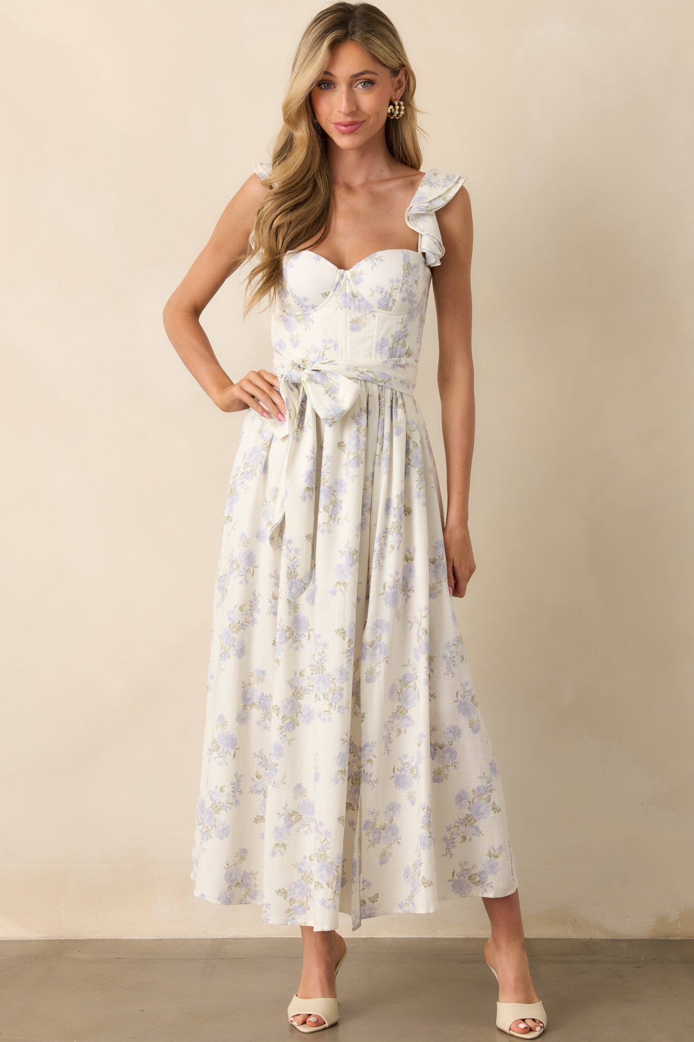 Aimee Lavender Floral Print Linen Blend Bustier Maxi Dress