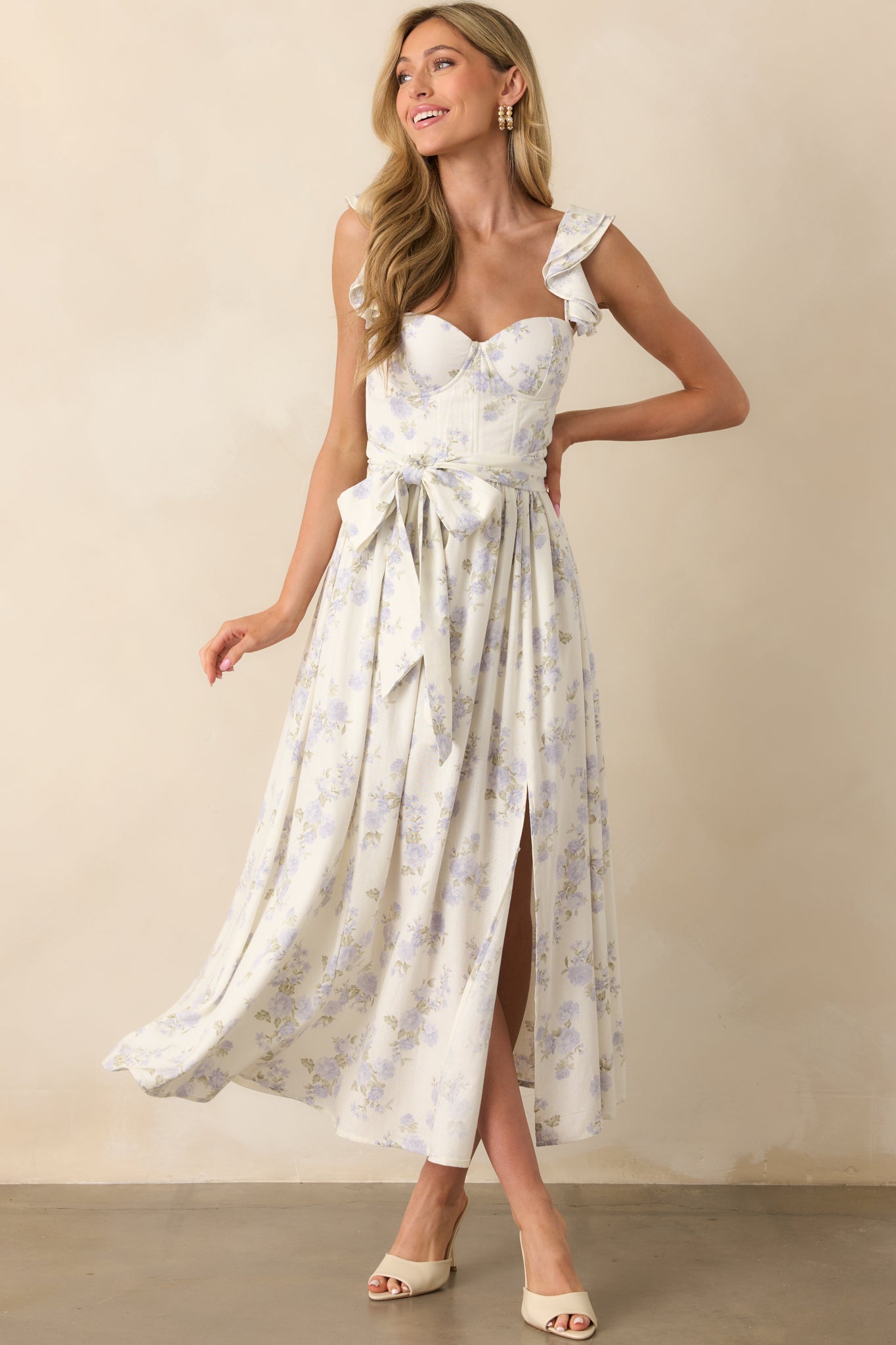 Aimee Lavender Floral Print Linen Blend Bustier Maxi Dress