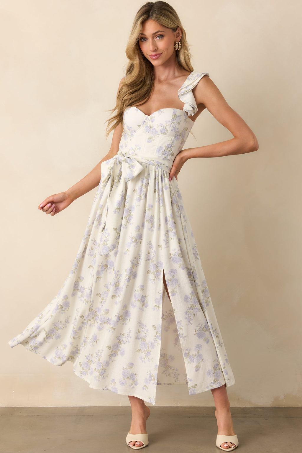 Aimee Lavender Floral Print Linen Blend Bustier Maxi Dress