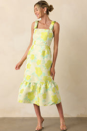 Making An Entrance Yellow Green Floral Print Jacquard Midi Dress