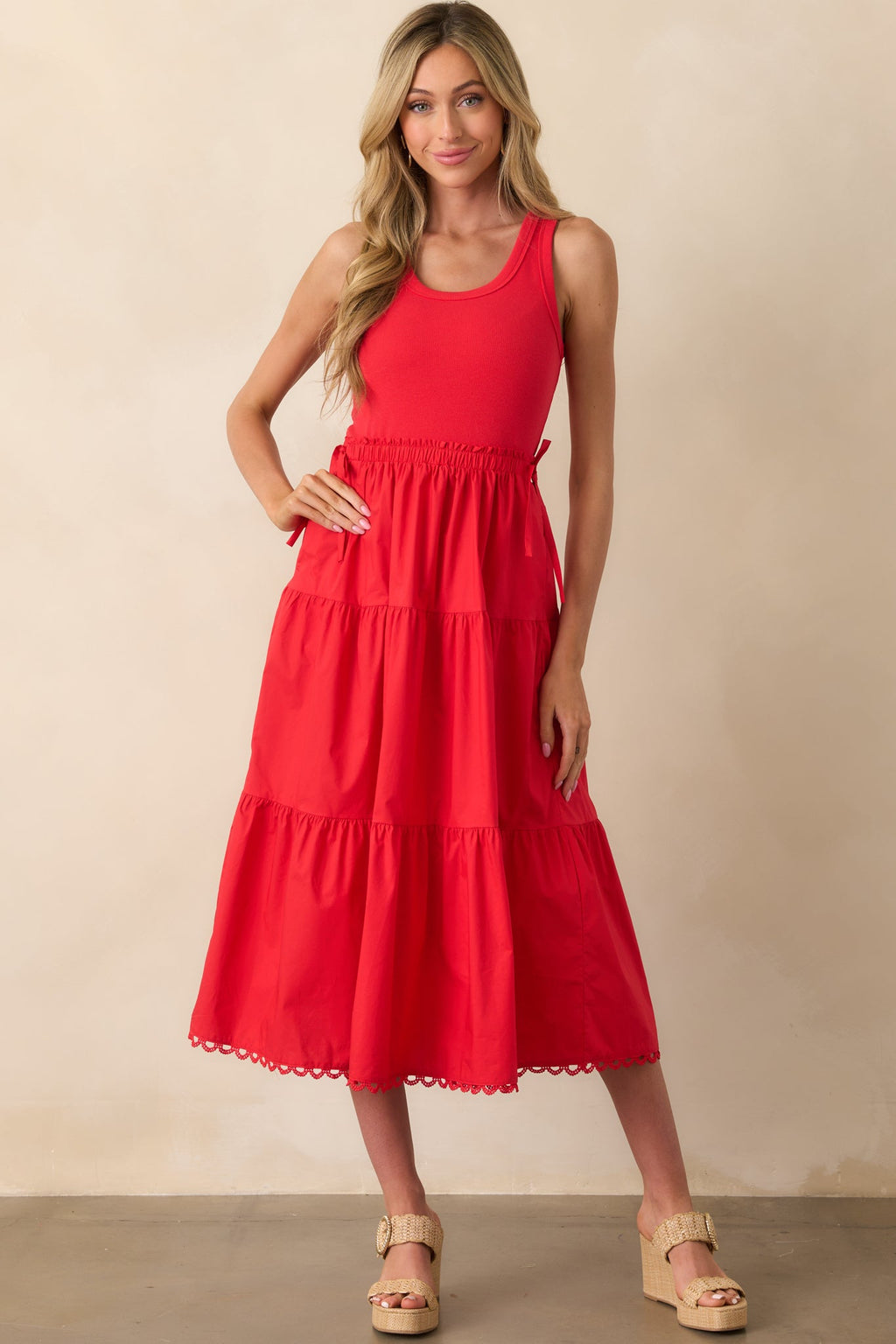 Always The Right Time Red Cotton Sleeveless Midi Dress