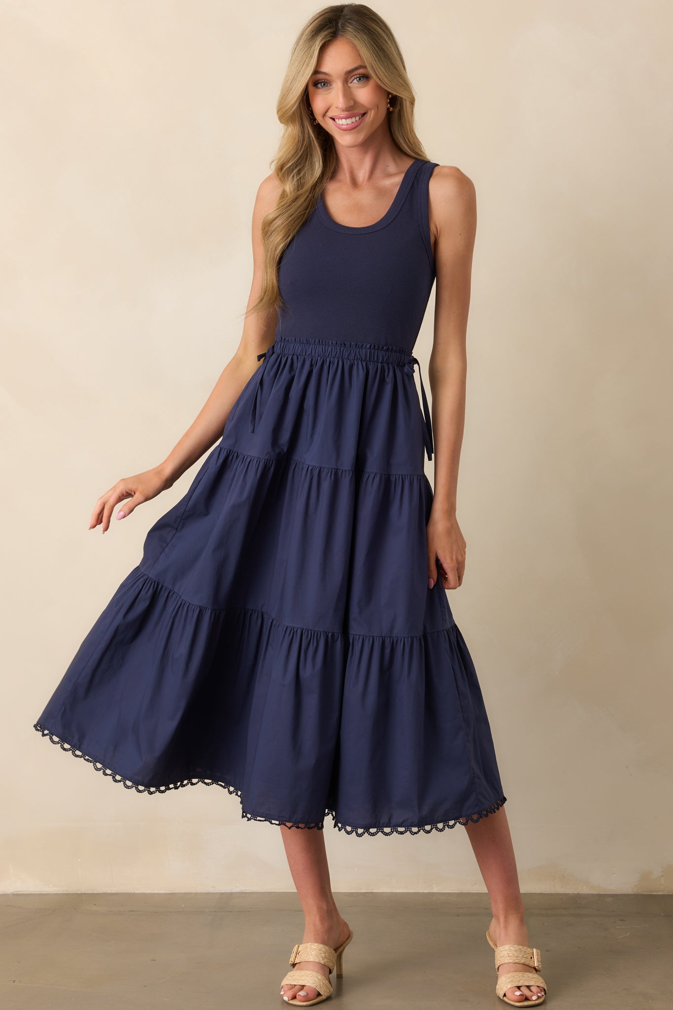Always The Right Time Navy Cotton Sleeveless Midi Dress