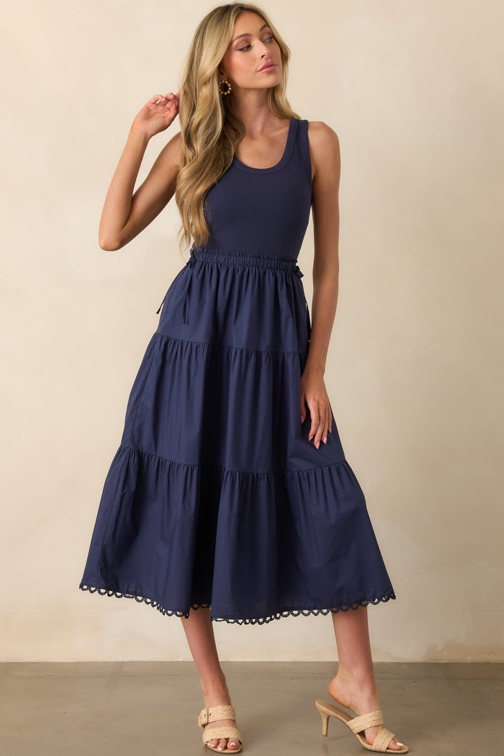 Always The Right Time Navy Cotton Sleeveless Midi Dress