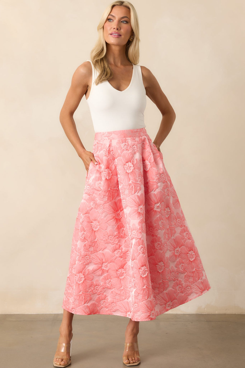 Beauty Of Life Pink Coral Floral Jacquard Midi Skirt