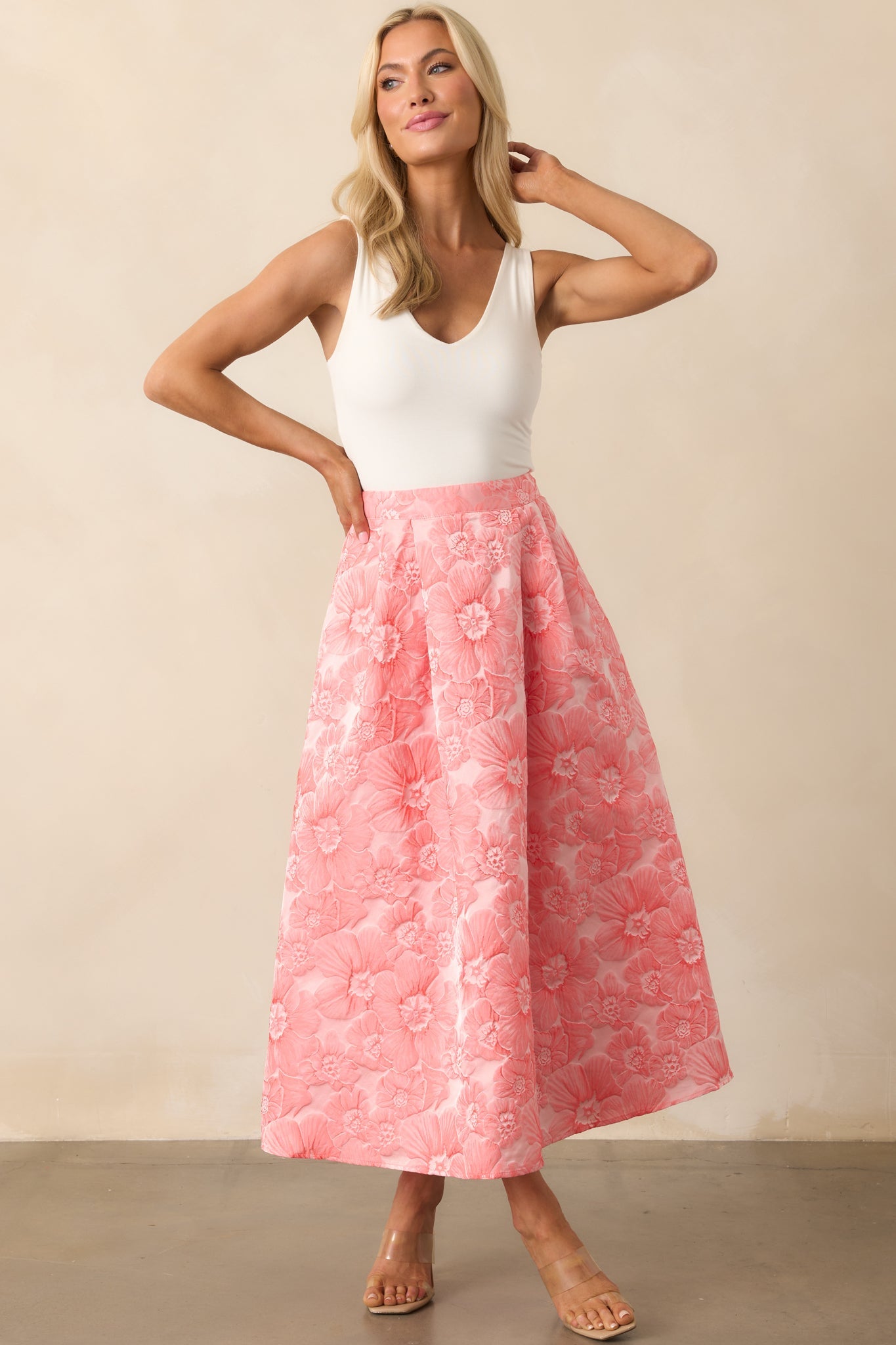 Beauty Of Life Pink Coral Floral Jacquard Midi Skirt