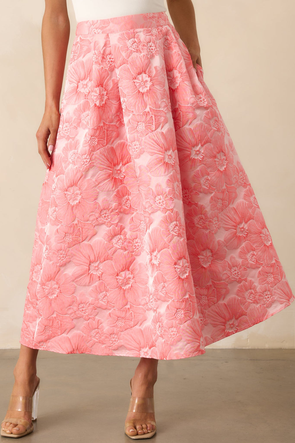Beauty Of Life Pink Coral Floral Jacquard Midi Skirt