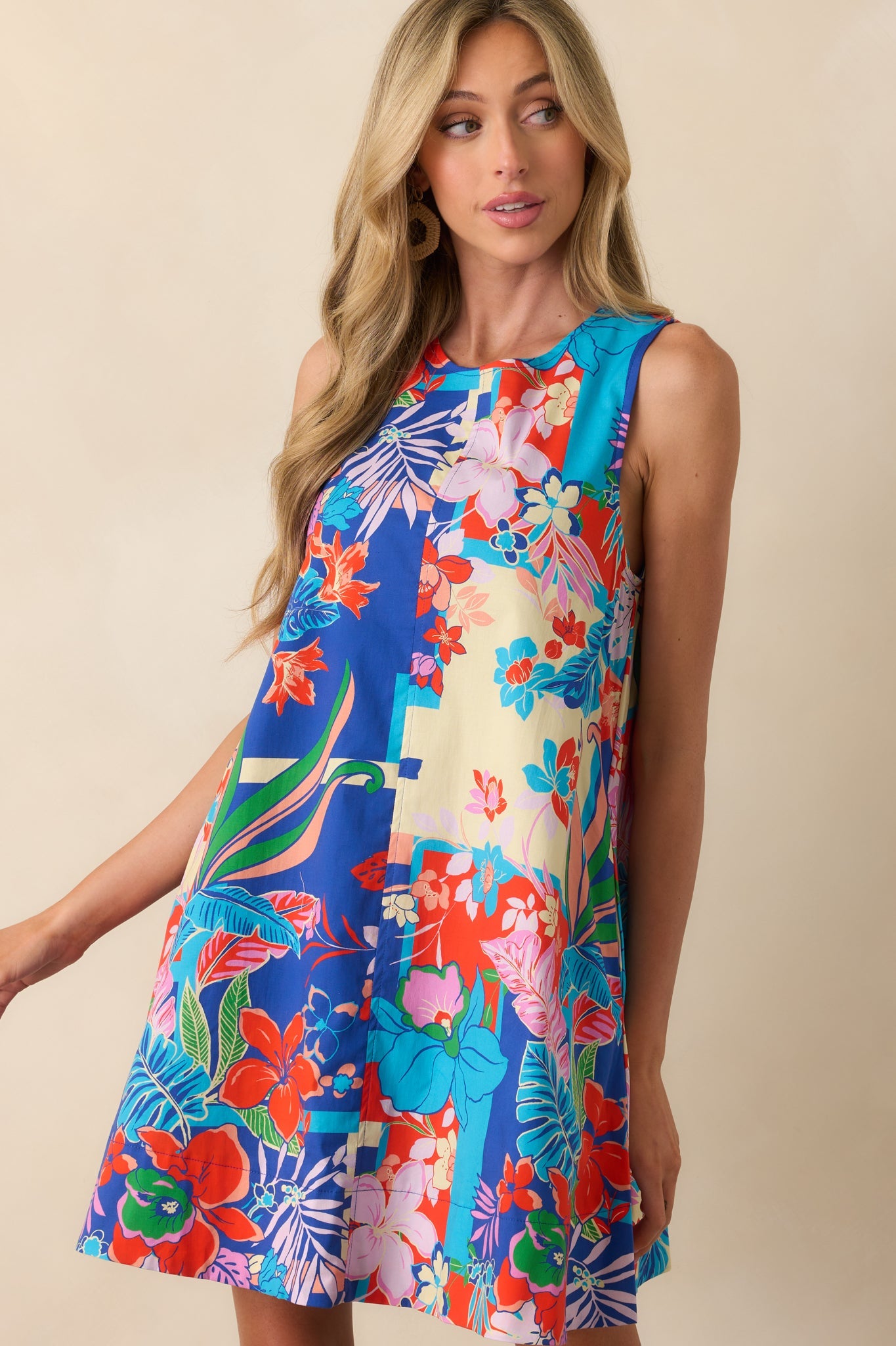 Glow From Within Blue Tropical Floral Cotton Mini Shift Dress