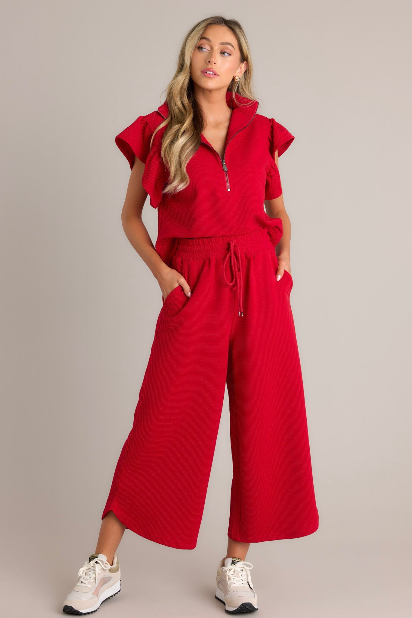 Honey Hug Red Ribbed Quarter Zip Top
