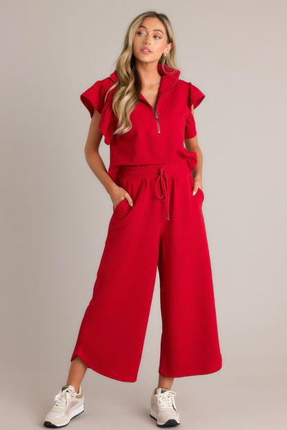 Honey Hug Red Ribbed Quarter Zip Top