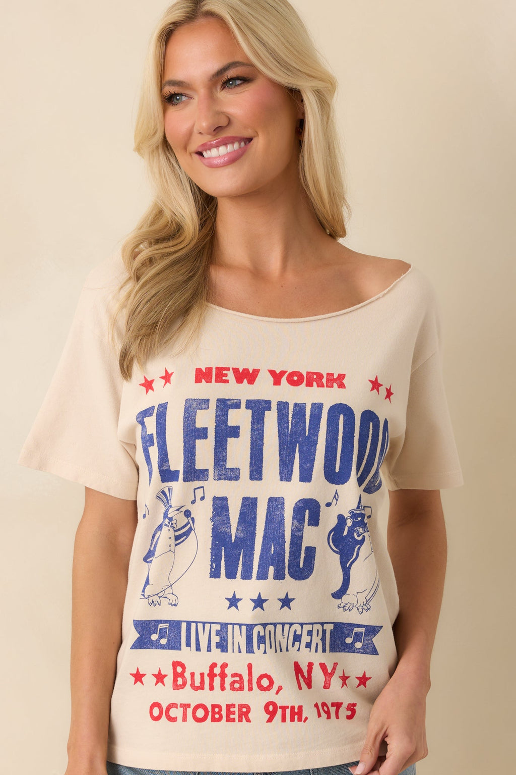 Fleetwood Mac Beige Cotton Live In Concert Off The Shoulder Tee