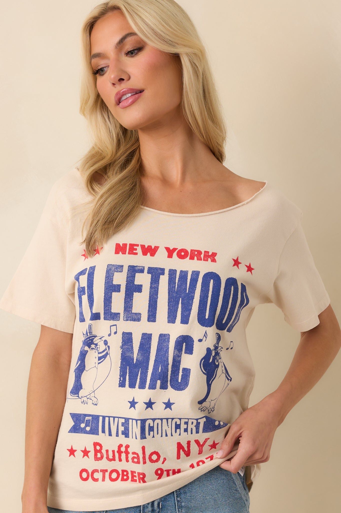 Fleetwood Mac Beige Cotton Live In Concert Off The Shoulder Tee