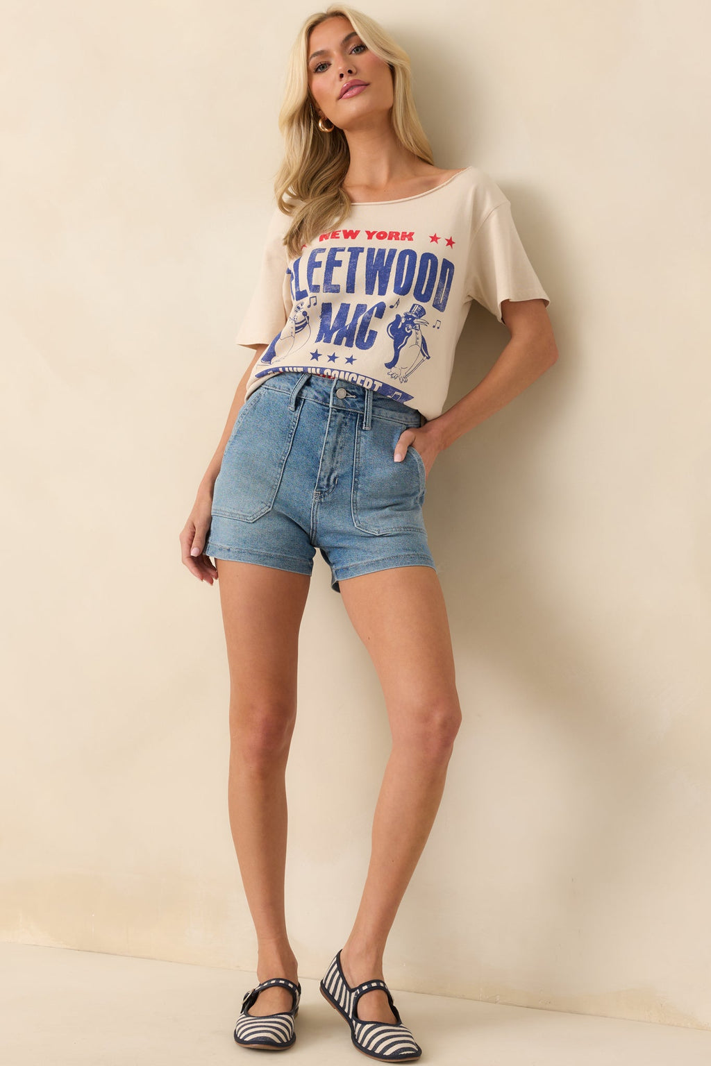 Fleetwood Mac Beige Cotton Live In Concert Off The Shoulder Tee