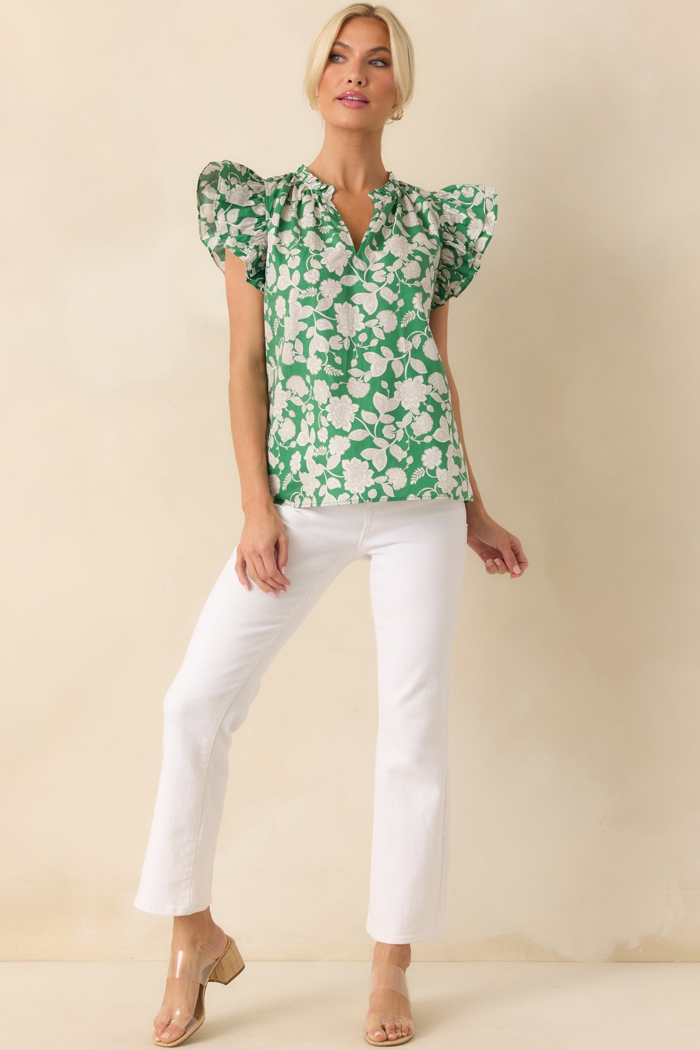 In No Rush Green Floral Print Cotton Flutter Sleeve Top