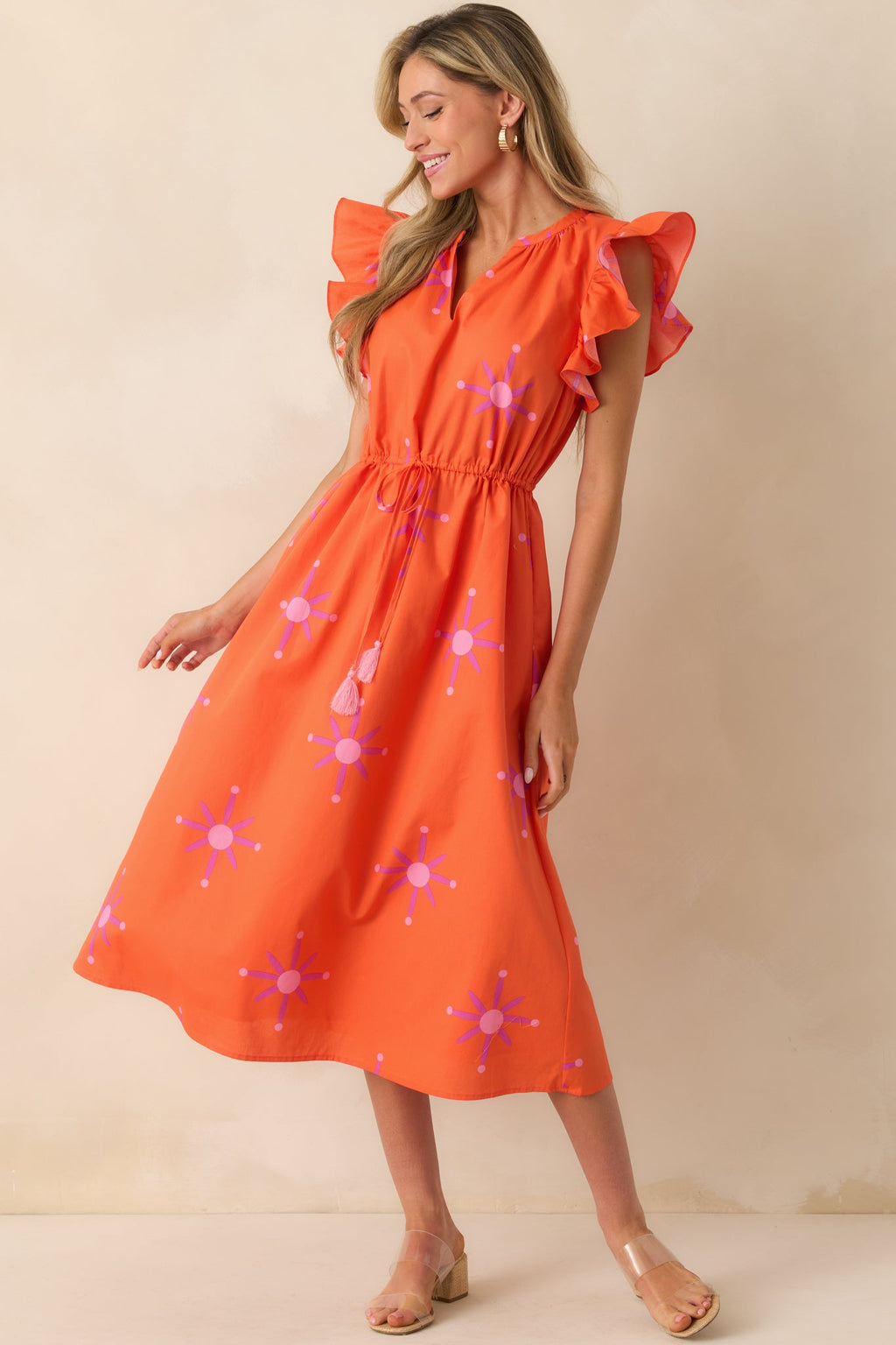 Don't Know Why Orange Floral Cotton Flutter Sleeve Midi Dress