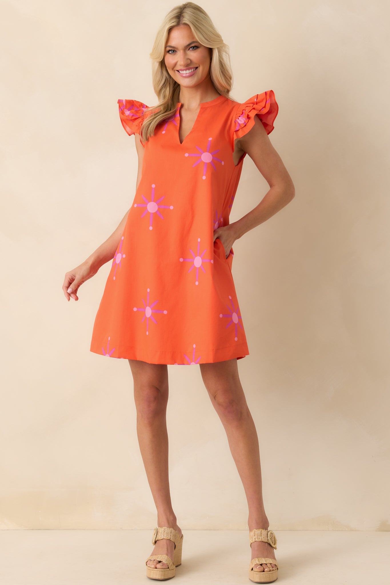 A Gentle Life Orange Floral Cotton Flutter Sleeve Mini Dress