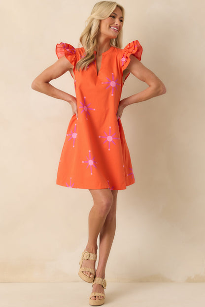 A Gentle Life Orange Floral Cotton Flutter Sleeve Mini Dress