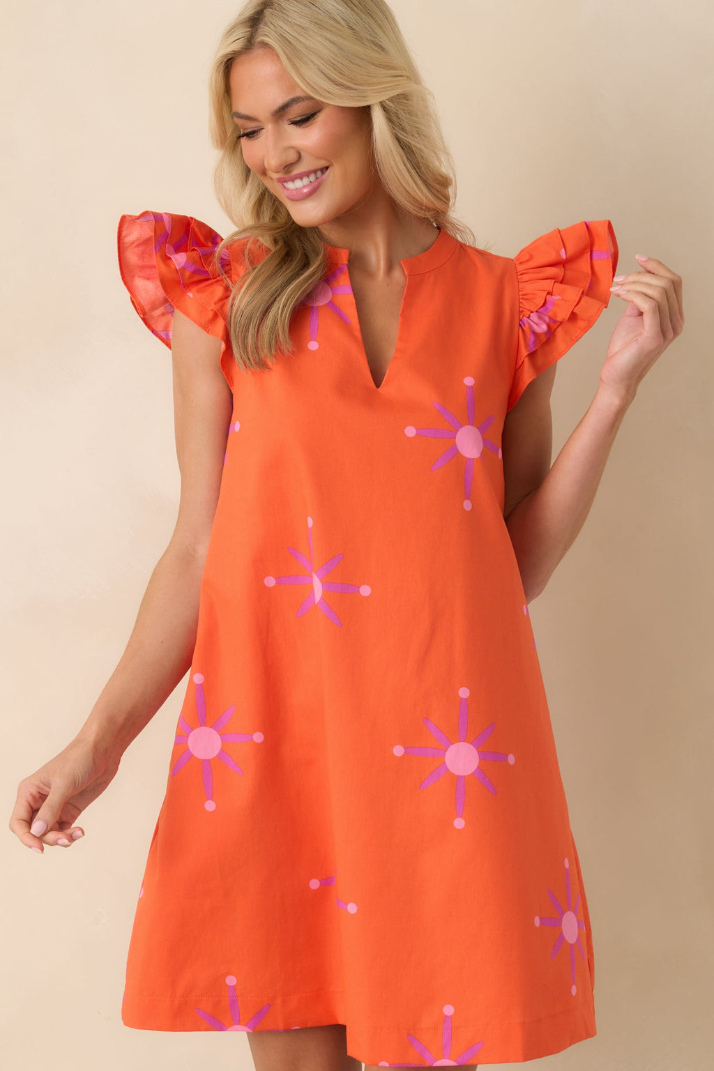 A Gentle Life Orange Floral Cotton Flutter Sleeve Mini Dress