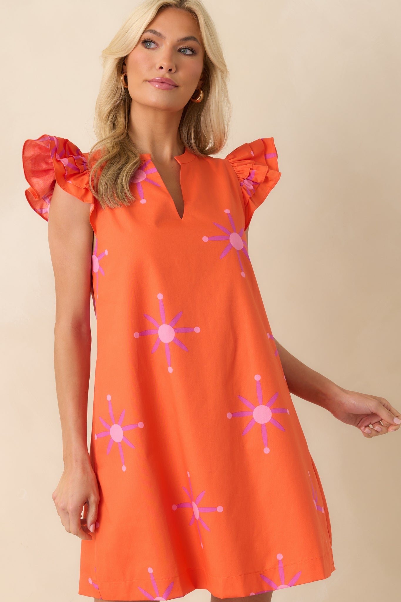 A Gentle Life Orange Floral Cotton Flutter Sleeve Mini Dress