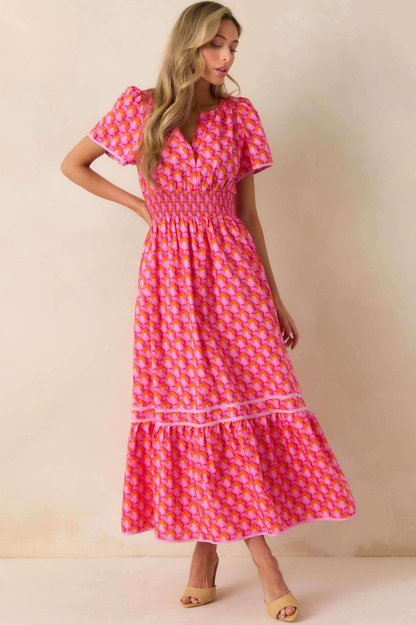 Doing Just Fine Pink Abstract Print Cotton Short Sleeve Maxi Dress