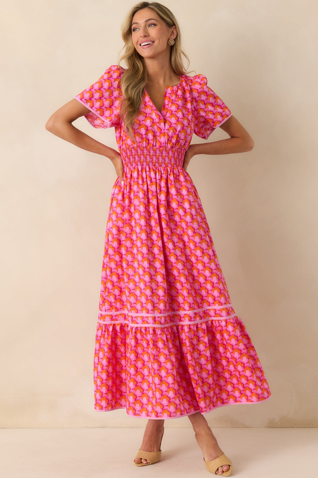 Doing Just Fine Pink Abstract Print Cotton Short Sleeve Maxi Dress