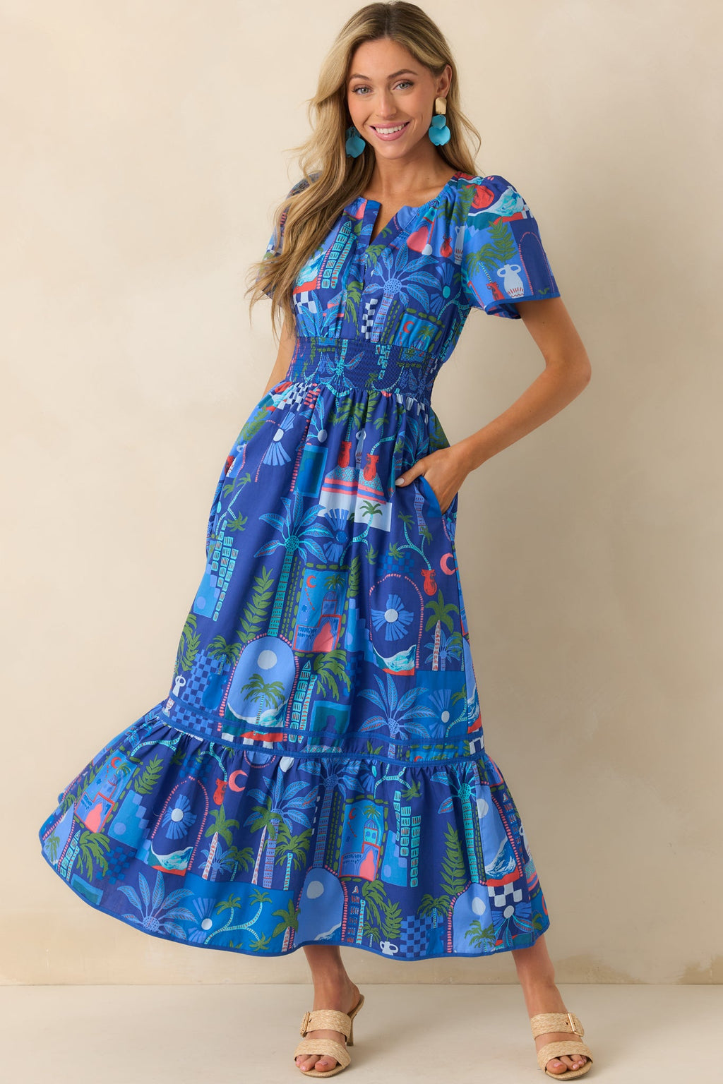 Doing Just Fine Cobalt Blue Tropical Print Cotton Short Sleeve Maxi Dress