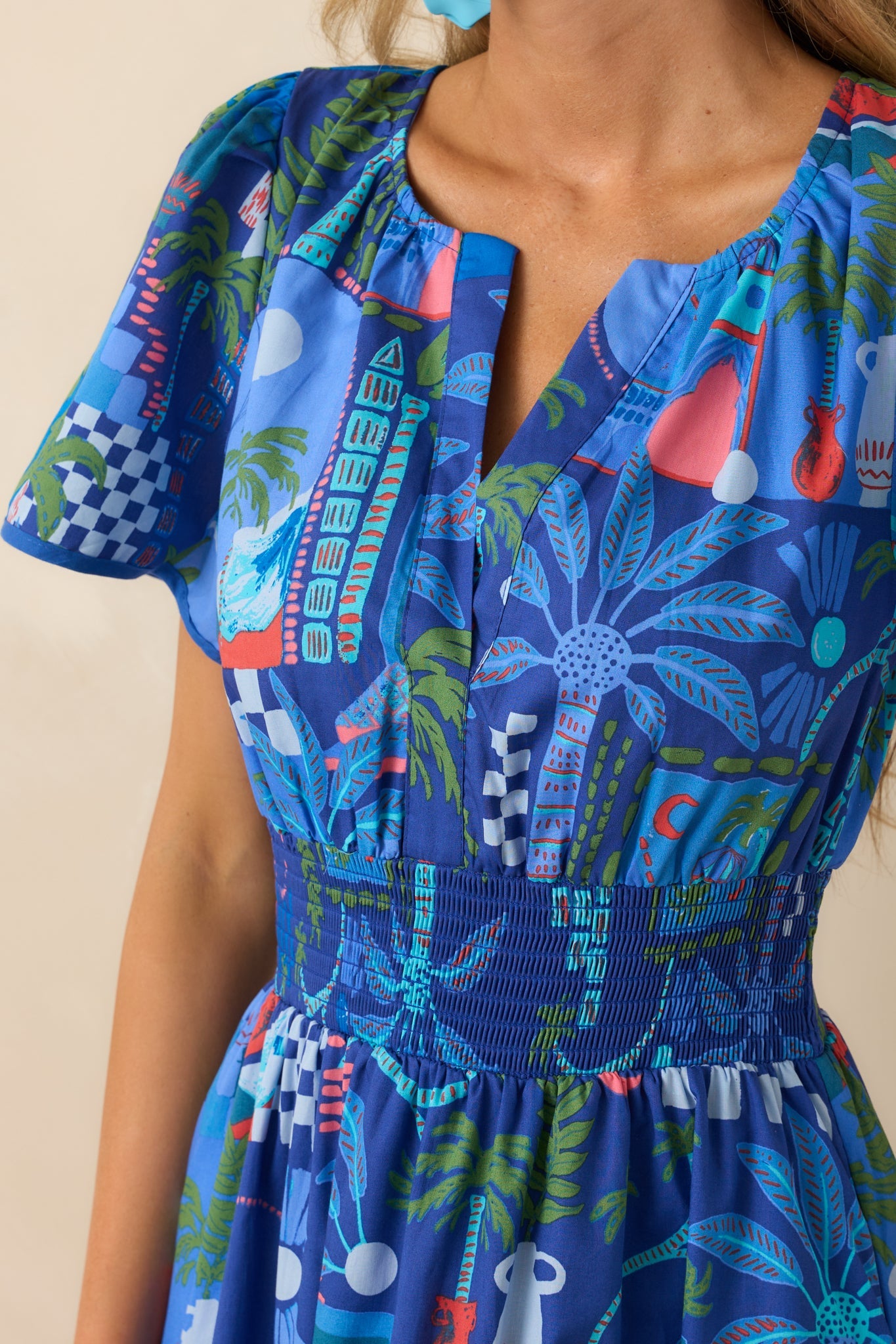 Doing Just Fine Cobalt Blue Tropical Print Cotton Short Sleeve Maxi Dress