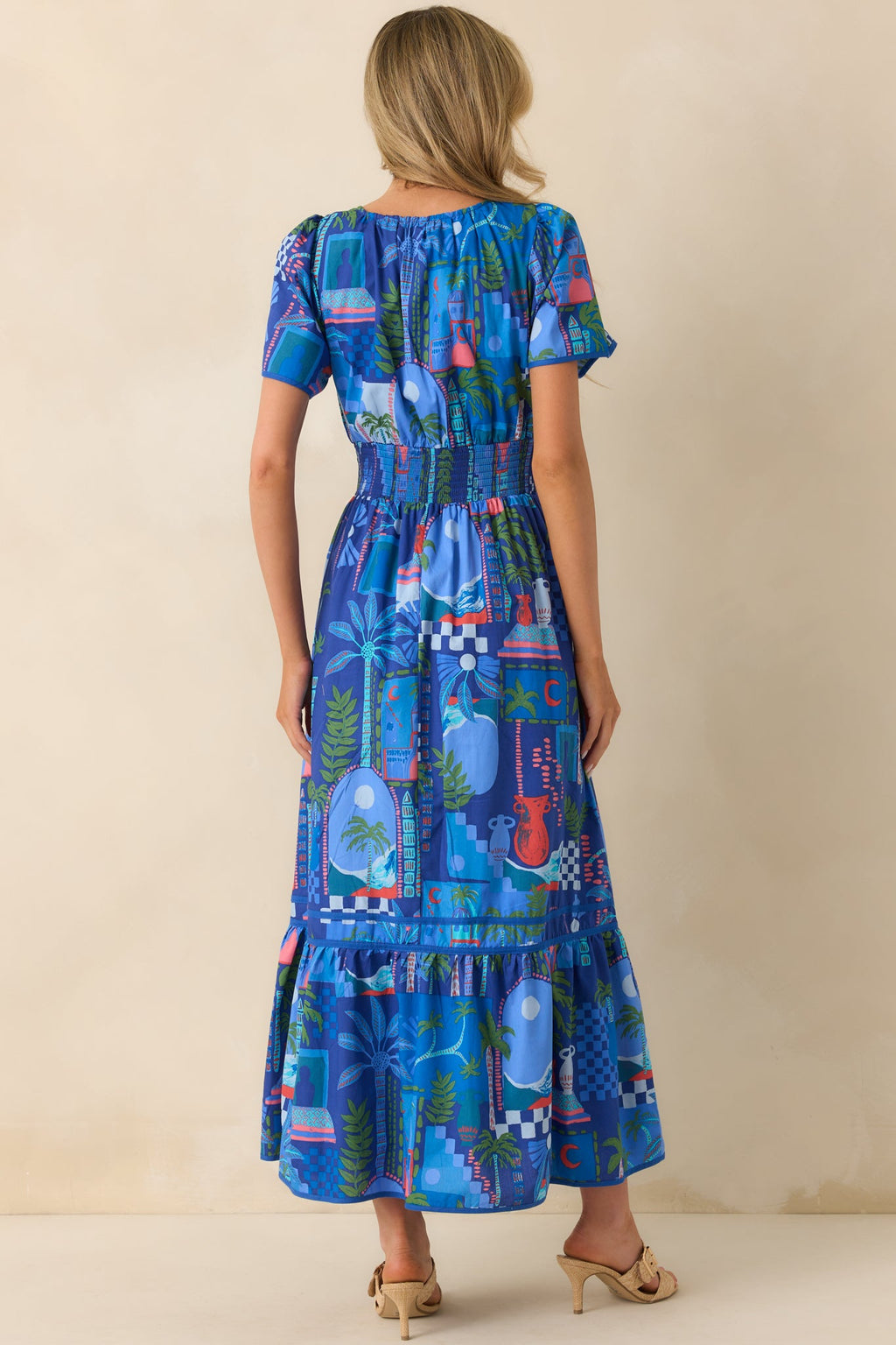 Doing Just Fine Cobalt Blue Tropical Print Cotton Short Sleeve Maxi Dress