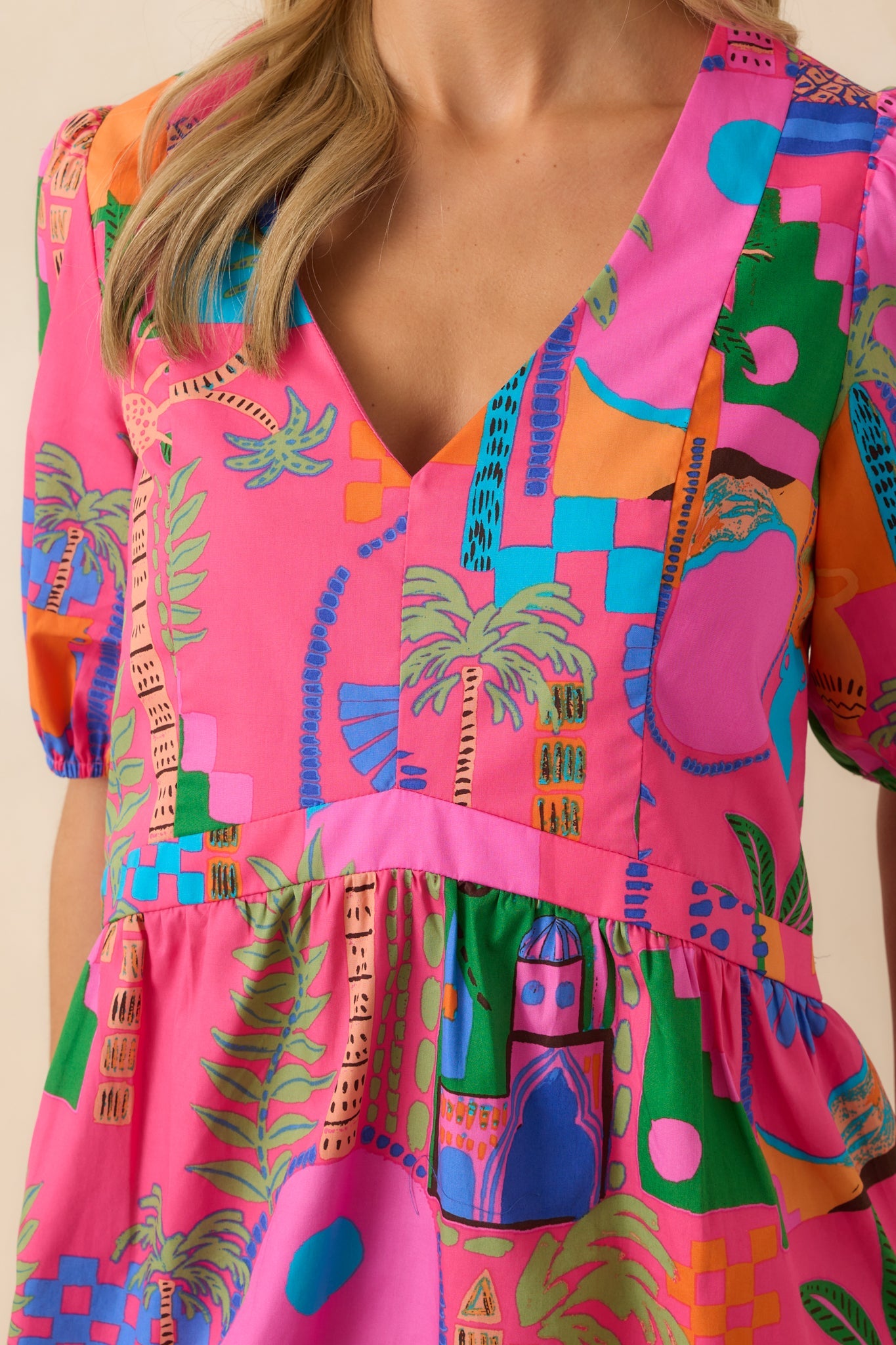 Clear Skies Today Pink Tropical Print Cotton Mini Dress