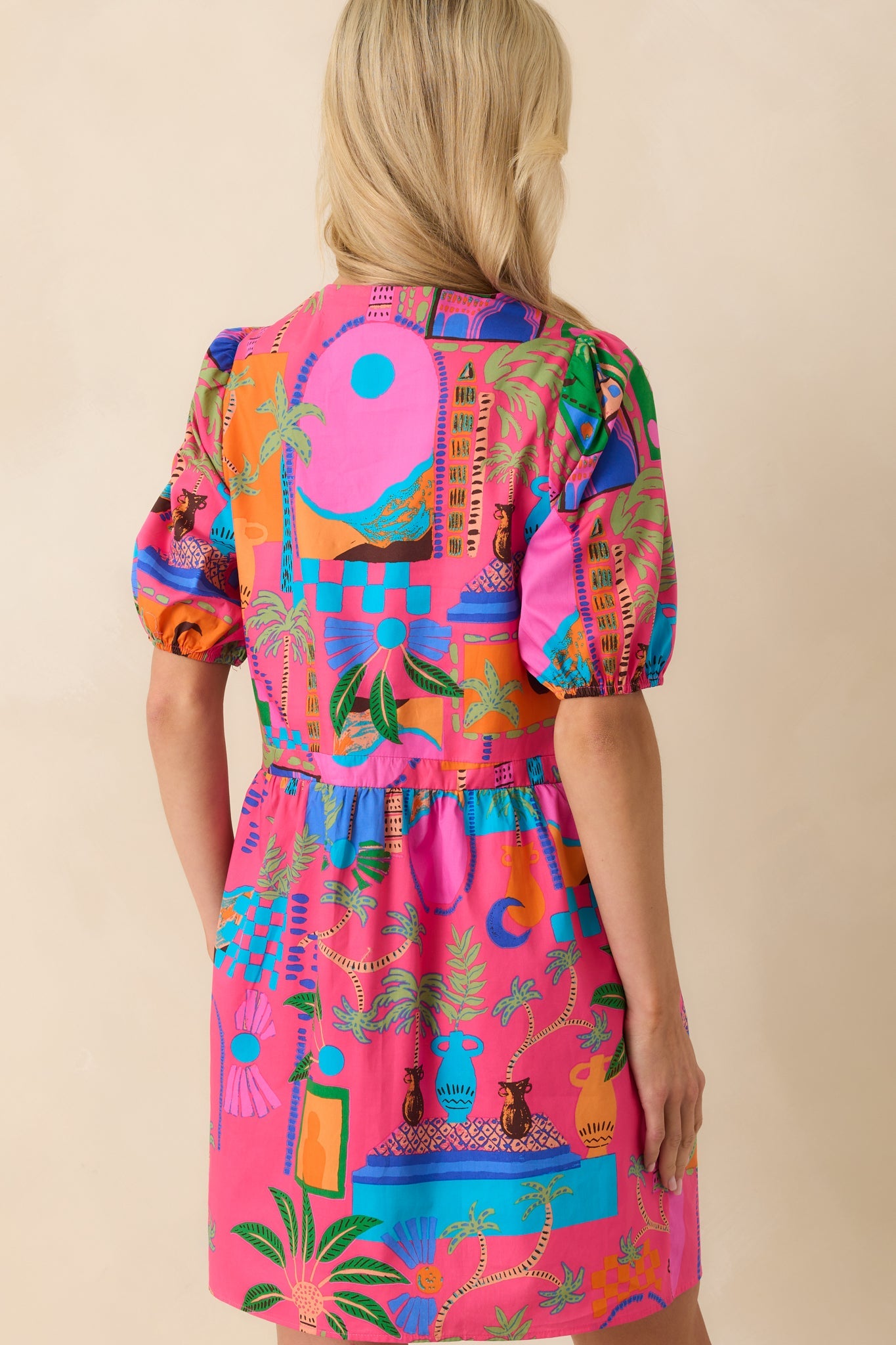 Clear Skies Today Pink Tropical Print Cotton Mini Dress